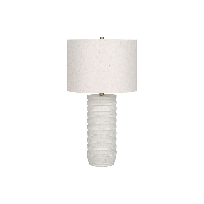 Cream resin transitional table lamp with a modern design, featuring a sleek base and fabric shade, by 8th Street.