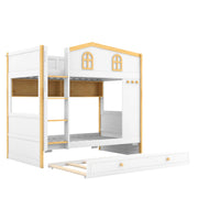 Dreamland bunk bed with house-shaped guardrails, built-in storage shelves, and trundle for kids' bedroom décor