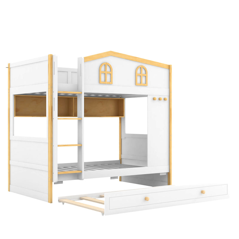 Dreamland bunk bed with house-shaped guardrails, built-in storage shelves, and trundle for kids' bedroom décor