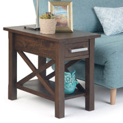 Narrow side table in warm walnut brown wood by Simpli-Home, showcasing a sleek, modern design with smooth finish.