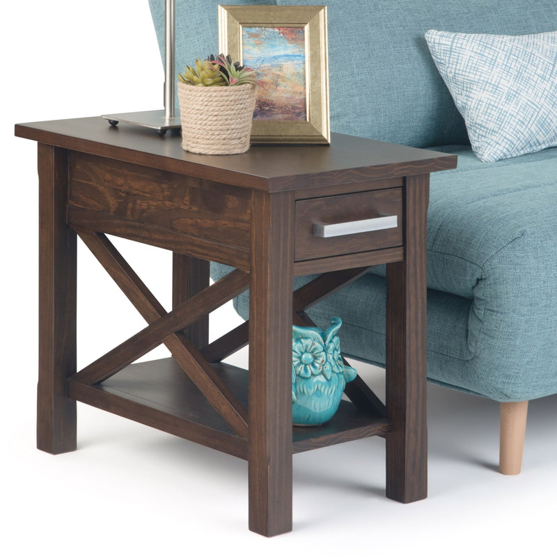 Narrow side table in warm walnut brown wood by Simpli-Home, showcasing a sleek, modern design with smooth finish.