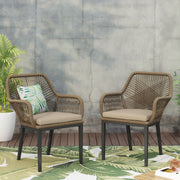 Modern wicker arm chair by Noble House with water-resistant cushions in brown and beige, ideal for stylish outdoor or indoor dining spaces.