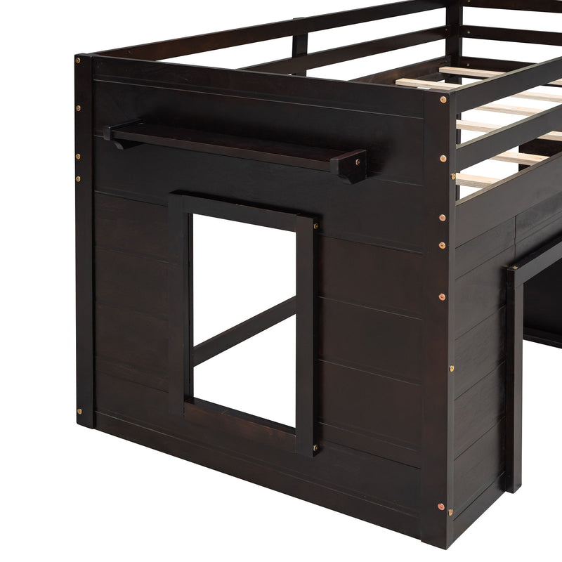 DreamHaus loft bed with integrated cabinet and shelf, featuring a sturdy wooden frame and space-saving design for bedrooms.