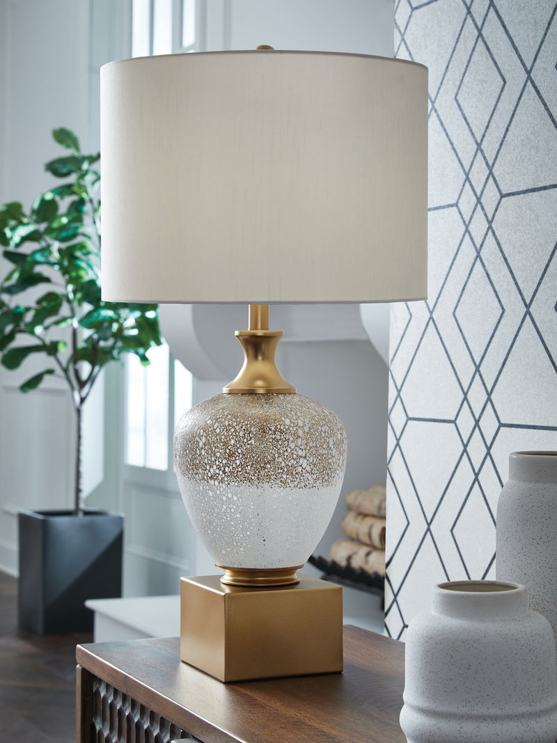 Tavisburg - Glass Table Lamp - Brown / White / Gold - R&R Furniture Gallery (Fountain Valley, CA)
