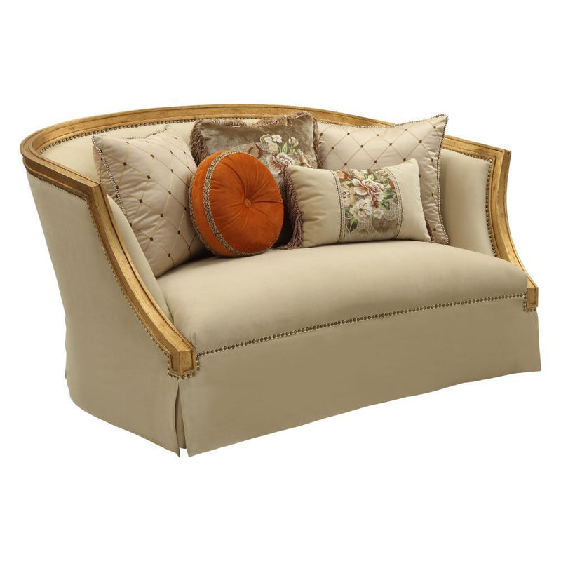 Daesha - Loveseat With 5 Pillows - Tan Flannel & Antique Gold - R&R Furniture Gallery (Fountain Valley, CA)