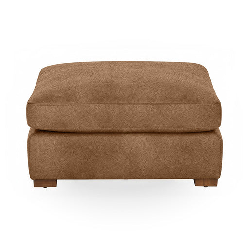 Classic Home Audrey upholstered ottoman with plush fabric and wooden legs, perfect as a versatile living room accent piece.
