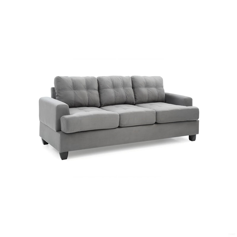 Glory Furniture Sandridge stationary sofa with beige upholstery, plush cushions, and wooden legs in a modern living room setting.
