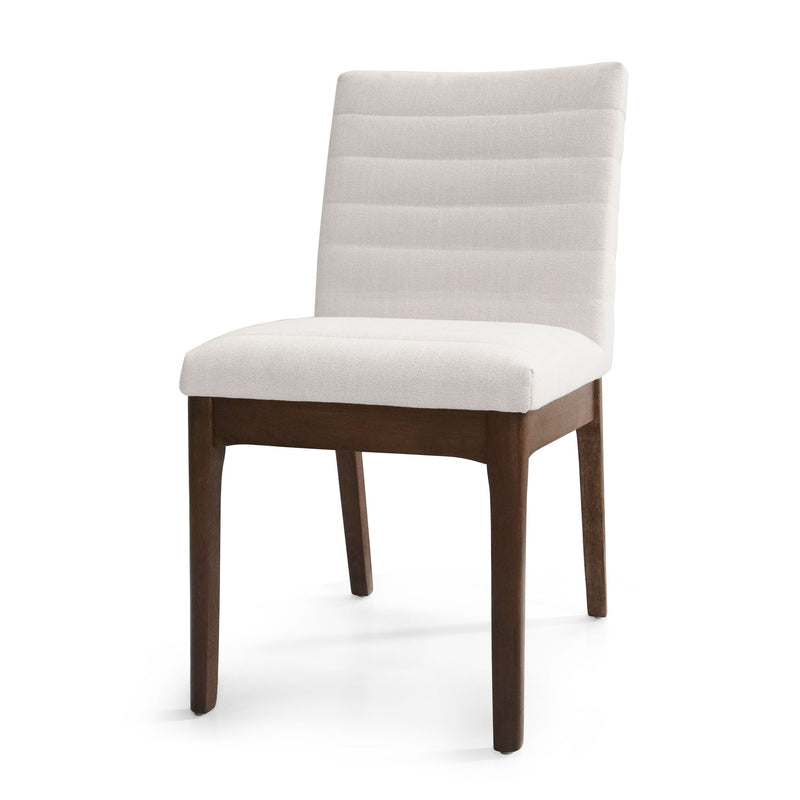 Set of two Noble House upholstered dining chairs with fabric seats and black rubber legs, showcasing modern design and comfortable seating.