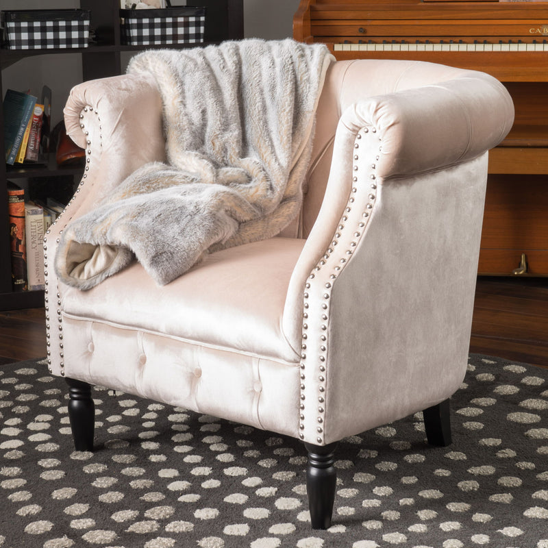 Noble House Celestialis upholstered club arm chair with tub design, rolled recessed armrests, and plush fabric for stylish comfort.