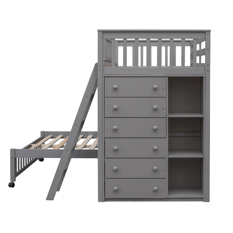 DreamHaus bunk bed with 6 drawers, flexible shelves, and a bottom bed on wheels, showcasing a modern, space-saving design.