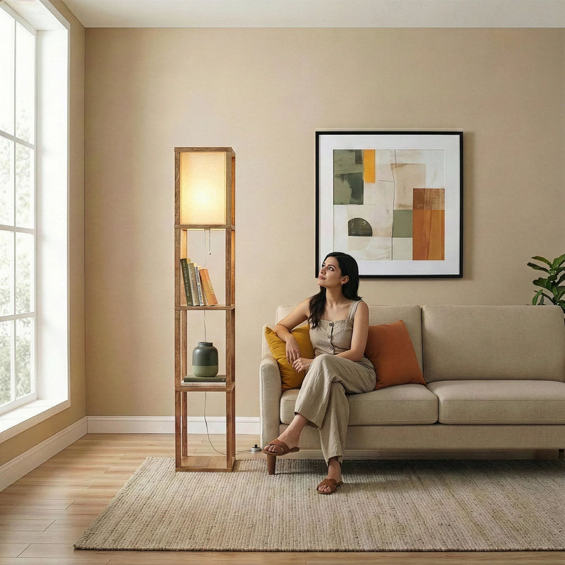 Pinnacle - Shelf Floor Lamp For Bedroom / Living Room, Long Shade - Natural Wood / White - R&R Furniture Gallery (Fountain Valley, CA)