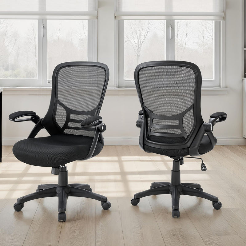Black 8th Street swivel office chair with adjustable height, featuring a padded seat and backrest for ergonomic workspace comfort.