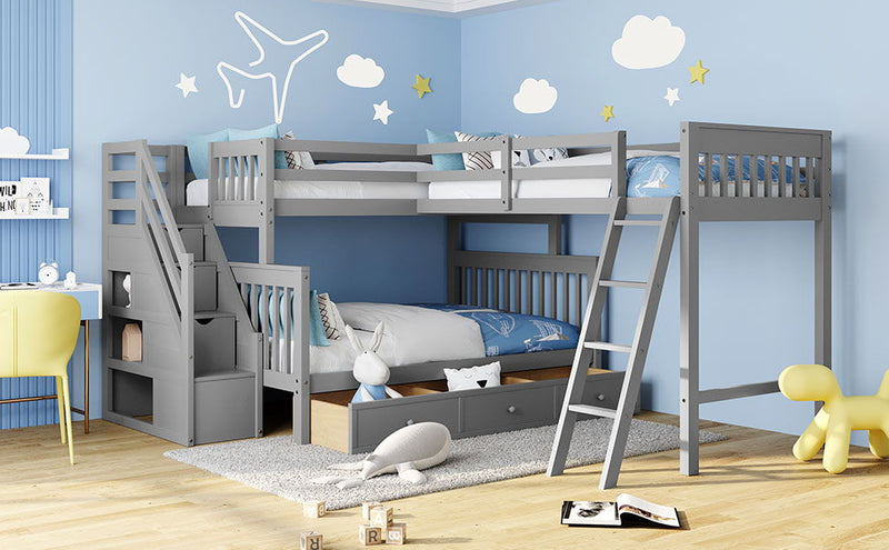 Solid L Shaped Bunk Bed With 3 Drawers, Ladder And Staircase - R&R Furniture Gallery (Fountain Valley, CA)