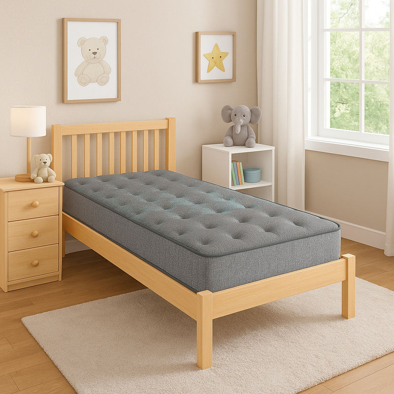 Restonic Comfort Care 7-inch foam core hybrid mattress with medium comfort, shown with plush fabric cover and supportive design.