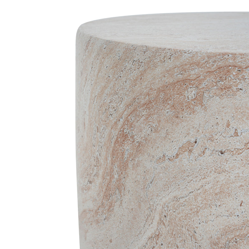 Beige lightweight concrete side table with travertine top from Noble House, suitable for outdoor or indoor use.