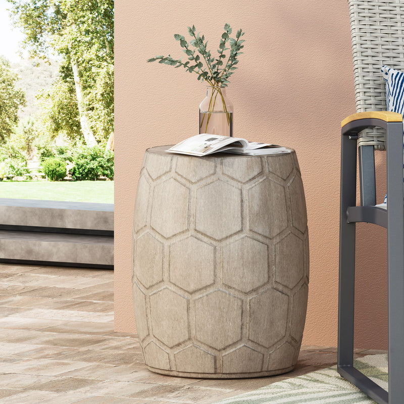 Outdoor lightweight concrete side table by Noble House with a natural finish, featuring a simple round tabletop and sturdy design.