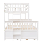 DreamHaus bunk bed with twin size trundle and built-in drawers, featuring sturdy wood frame and space-saving design.