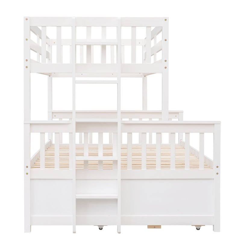DreamHaus bunk bed with twin size trundle and built-in drawers, featuring sturdy wood frame and space-saving design.