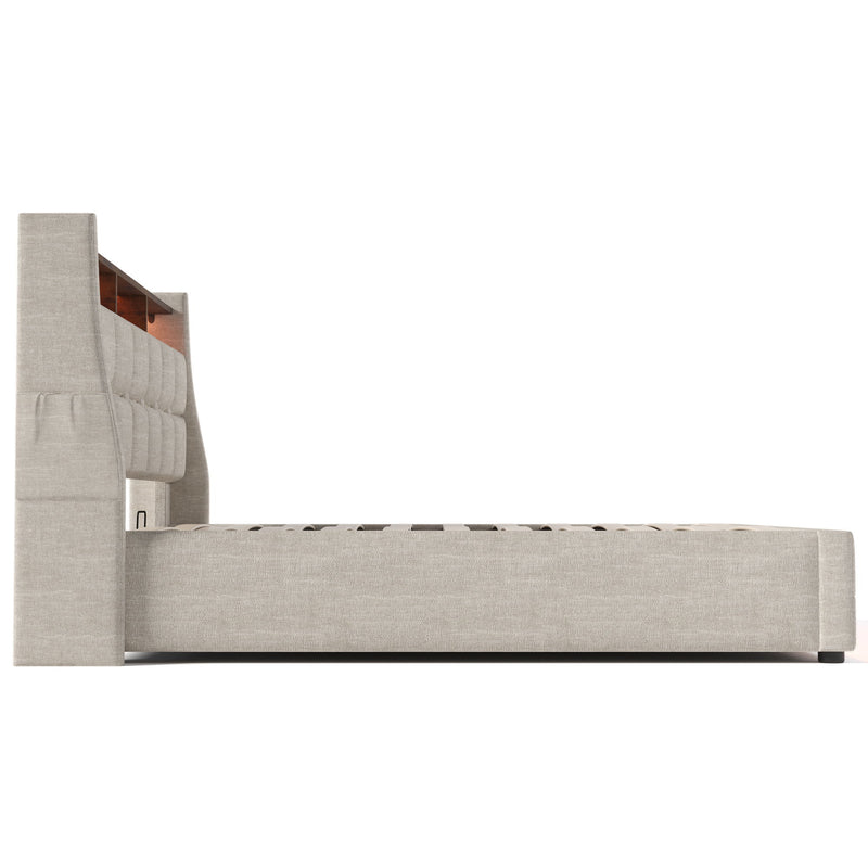 Artistry At Home upholstered platform storage bed with hydraulic lift, LED lighting, and USB charging ports, without mattress.