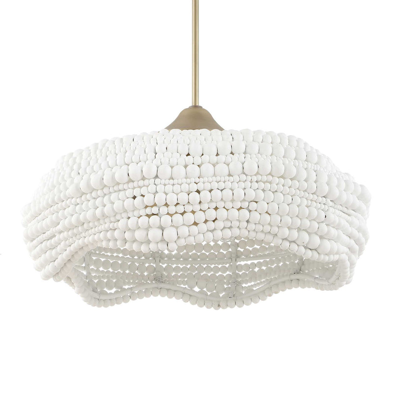 White Biddeford 5-light beaded pendant light by Uttermost hanging from a ceiling, showcasing intricate bead design and elegant lighting.