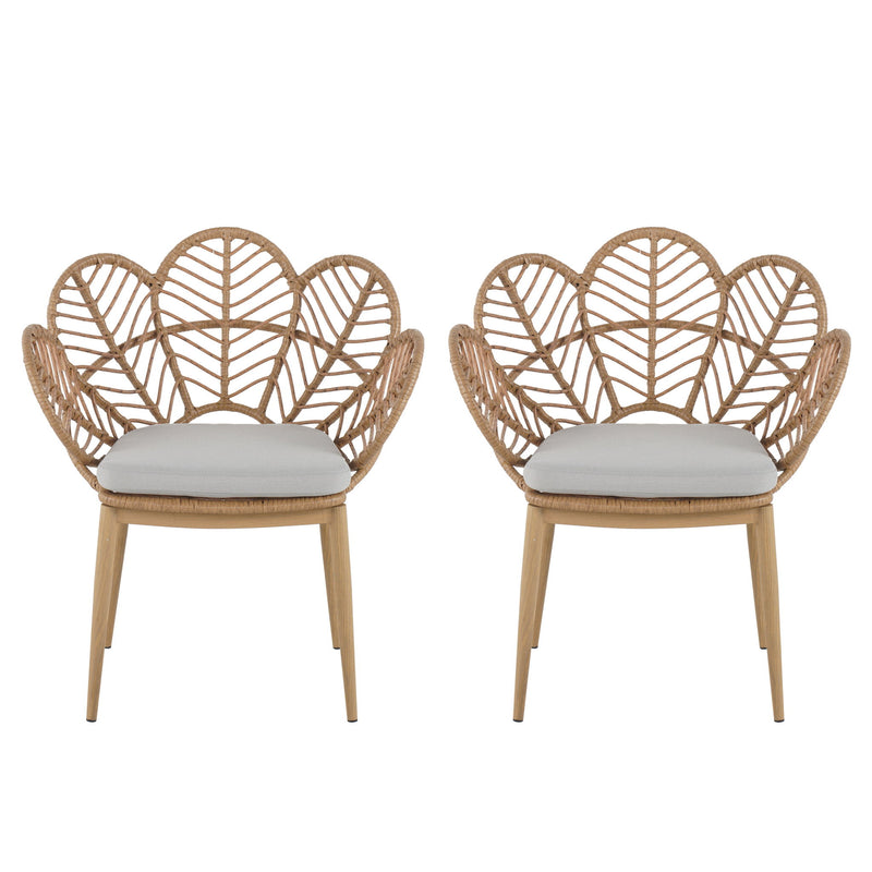 Kirk - Outdoor Wicker Peacock Shape Papasan Style Chair, Teak Finished Leg (Set of 2) - Beige / Light Brown / Light Teak - R&R Furniture Gallery (Fountain Valley, CA)