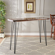 Modern industrial bar table with metal hairpin legs and wood veneer top, by Noble House, showcasing natural finish and sleek design.