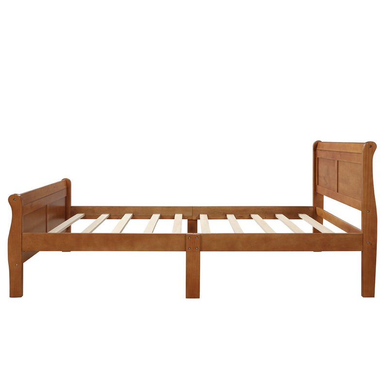 DreamHaus platform bed frame with wood slats, sleigh-style headboard and footboard, sturdy mattress foundation for modern bedrooms.