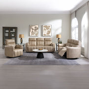 Elison - Motion Loveseat With Console - Dark Beige Polish Microfiber - R&R Furniture Gallery (Fountain Valley, CA)