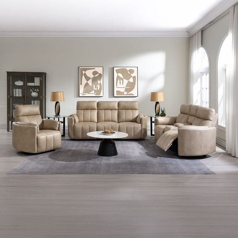 Elison - Motion Loveseat With Console - Dark Beige Polish Microfiber - R&R Furniture Gallery (Fountain Valley, CA)