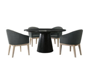 Lilola Home Jasper 59-inch round dining table with four matching chairs in a modern 5-piece dining room set.