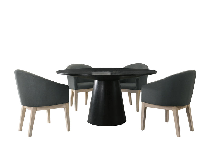 Lilola Home Jasper 59-inch round dining table with four matching chairs in a modern 5-piece dining room set.