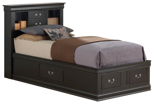 Traditional style Glory Furniture storage bed with built-in bookcase headboard and under-bed storage drawers.