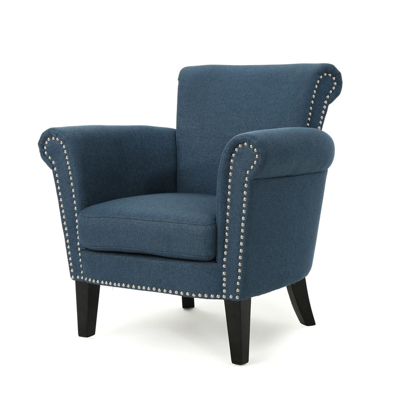Elegant Noble House arm chair with nailhead trim and birch wood legs, showcasing plush upholstery and stylish design.