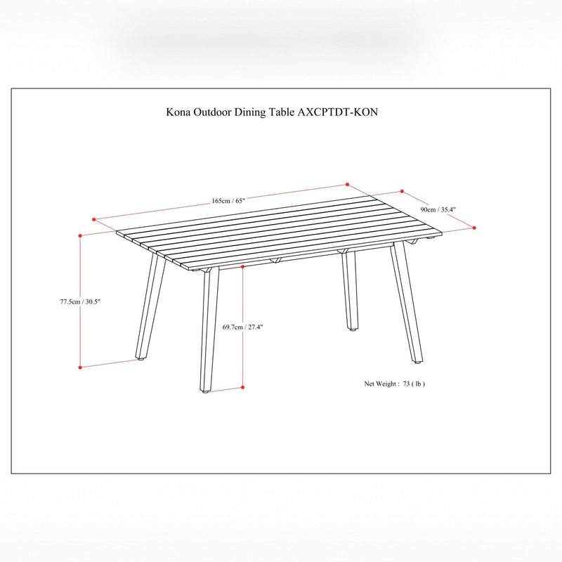 Kona outdoor dining table by Simpli-Home with light teak finish, showcasing a spacious rectangular design for outdoor dining spaces.
