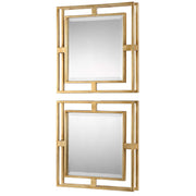 Pair of gold square wall mirrors from Uttermost Allick set, with sleek modern frames, ideal for contemporary home decor.