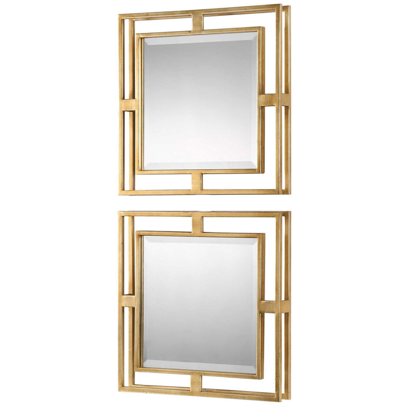 Pair of gold square wall mirrors from Uttermost Allick set, with sleek modern frames, ideal for contemporary home decor.
