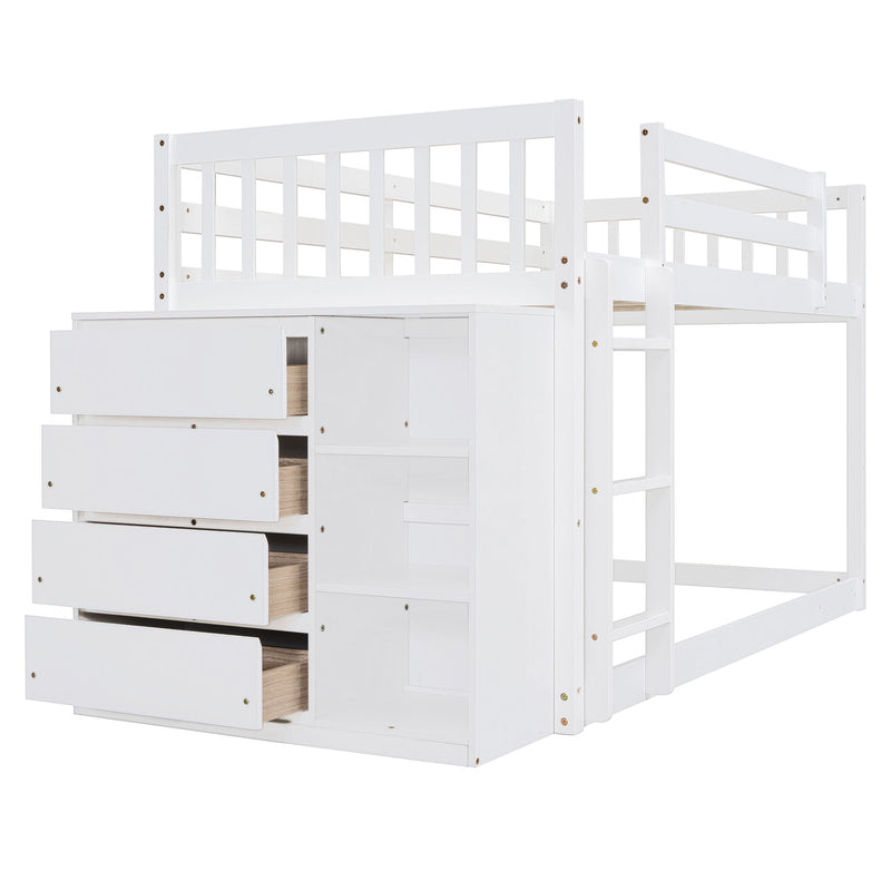 DreamHaus bunk bed with four drawers and three shelves, featuring a sturdy frame and space-saving design for kids' bedrooms.