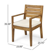 Noble House outdoor 7-piece dining set with beige cushions, sandblasted natural finish, includes table and six chairs.