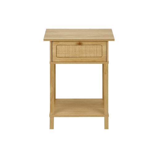 8th Street natural accent table with storage drawer and two-tier design, ideal for living room or bedroom use.