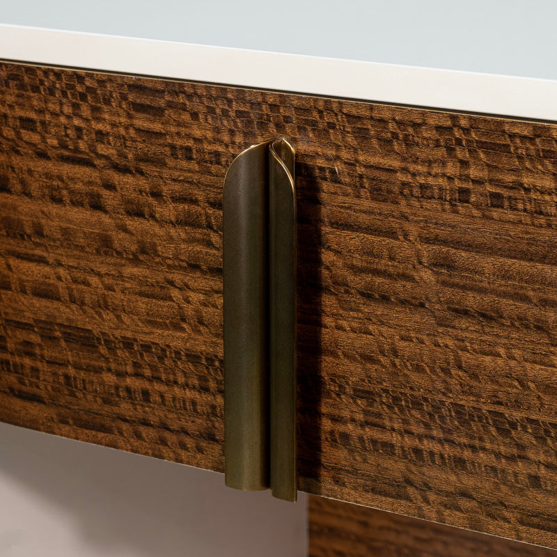 Michael Amini Pavira accent nightstand with a sleek wooden surface and elegant design, perfect for bedroom decor.