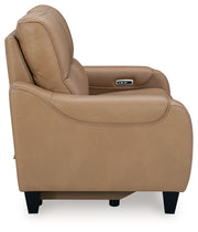 Ashley Mosswell power reclining loveseat in toffee with adjustable headrest, plush fabric and cushioned armrests.