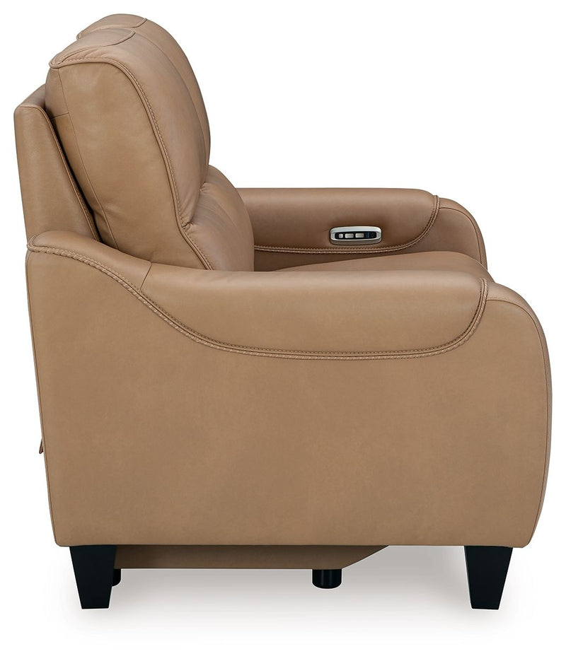 Ashley Mosswell power reclining loveseat in toffee with adjustable headrest, plush fabric and cushioned armrests.