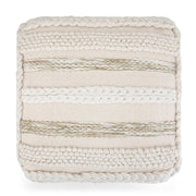 Handcrafted square accent pouf by Simpli-Home in neutral fabric, featuring a soft, textured surface and sturdy wooden legs.
