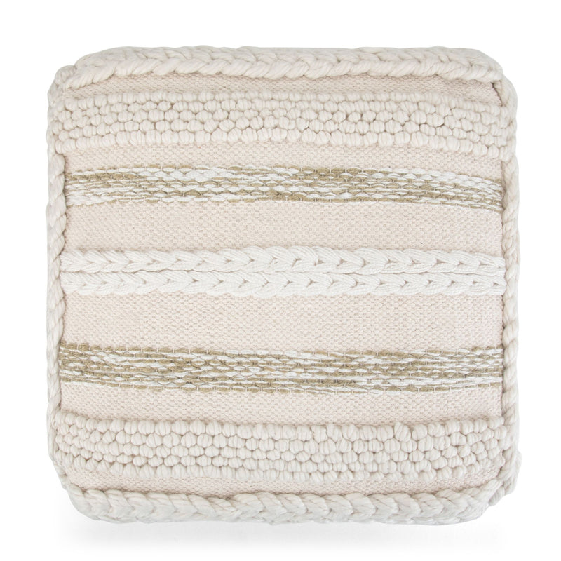 Handcrafted square accent pouf by Simpli-Home in neutral fabric, featuring a soft, textured surface and sturdy wooden legs.