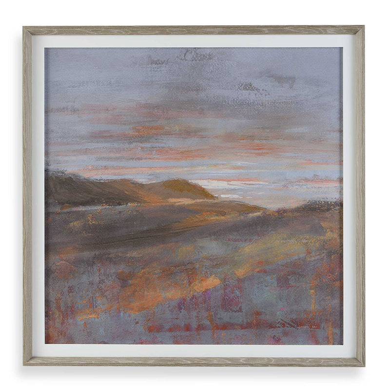 Uttermost Dawn On The Hills framed print featuring purple hues, landscape scene with mountain silhouettes and decorative frame.