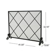 Noble House minimalist single panel iron fireplace screen with diamond design, featuring a sleek black metal finish and decorative pattern.