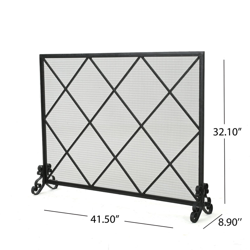 Noble House minimalist single panel iron fireplace screen with diamond design, featuring a sleek black metal finish and decorative pattern.