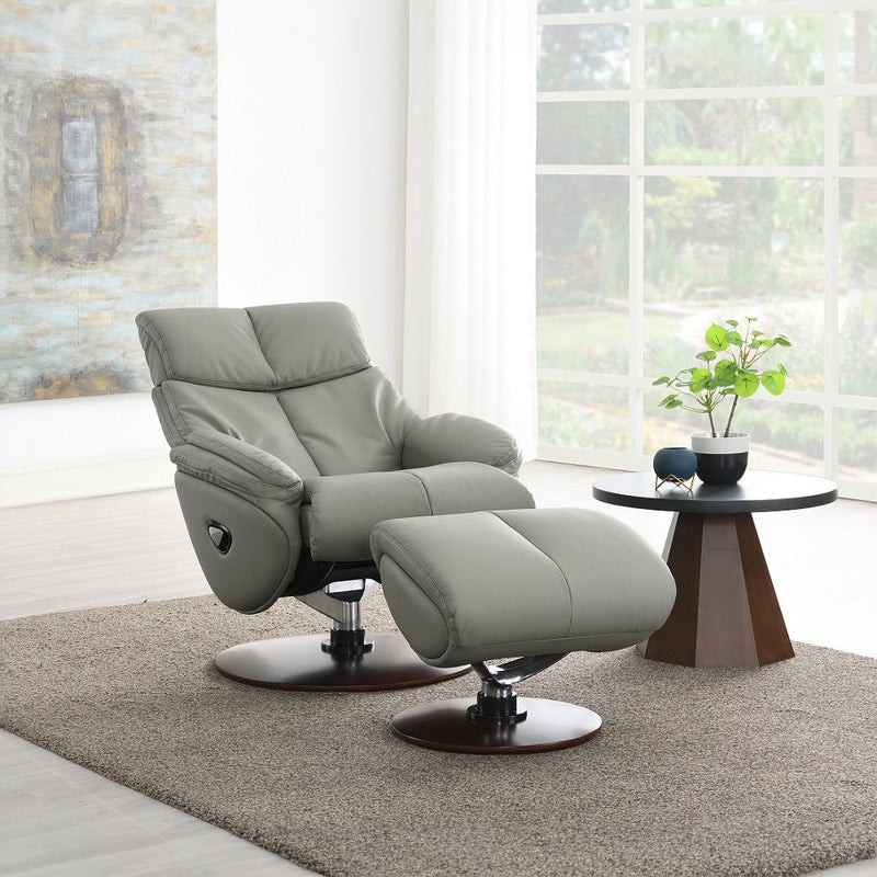 Kandoro - Motion Accent Chair With Swivel & Ottoman - Gray Leather & Brown Base - R&R Furniture Gallery (Fountain Valley, CA)