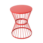 Noble House Lassen modern outdoor side table with hourglass design, featuring sleek metal frame and round tabletop for patio decor.