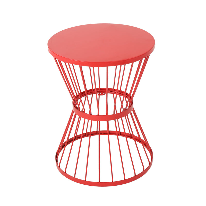 Noble House Lassen modern outdoor side table with hourglass design, featuring sleek metal frame and round tabletop for patio decor.